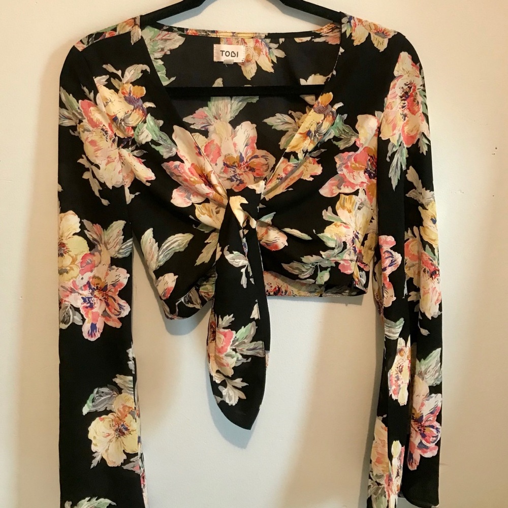 Tobi Front-Tie Floral Top with Bell Sleeves